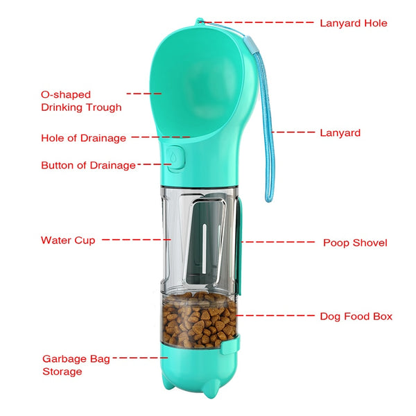 300ml Portable Multifunction Dog Water Bottle Food Feeder For Big Dogs 3 in 1 Poop Dispenser Puppy Pet Travel Drinking Bowls