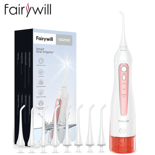 Fairywill Portable Oral Irrigator USB 300ml Rechargeable Dental Water Flosser Irrigator Dental Teeth Cleaner 3 Modes for Adult