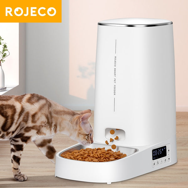 ROJECO Automatic Cat Feeder Pet Smart Cat Food Dispenser Accessories Button Version Auto Feeder For Cats Dog Dry Food Feeding 4L